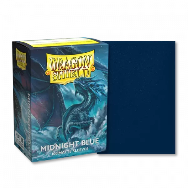 Dragon Shield Midnight Blue Matte Sleeves, Box of 100, offering durable protection for trading cards.