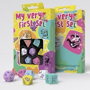 My Very First Dice Set - Little Berry, a set of 7 colorful polyhedral dice, perfect for beginners in tabletop gaming.