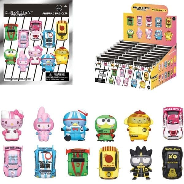 Hello Kitty 3D Foam Bag Clips Series 3 Blind Bags Display of 24, featuring a variety of adorable Hello Kitty character designs."