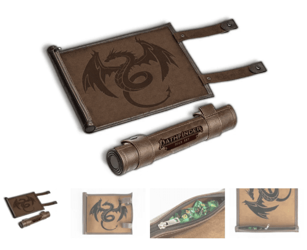 MDG Pathfinder Rolling Scroll, a premium leather scroll case with built-in storage for dice and notes.