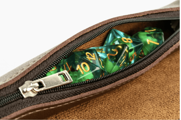 MDG Pathfinder Rolling Scroll, a premium leather scroll case with built-in storage for dice and notes.