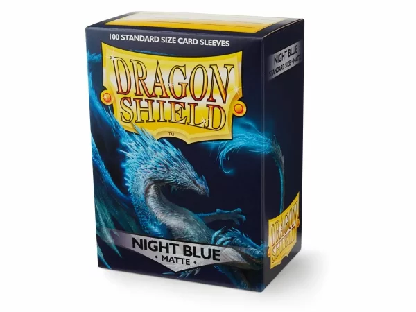 Dragon Shield Night Blue Matte Card Sleeves, 100-count box, with clear front and calm night sky blue back, providing durability and superior handling.