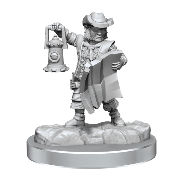 Halfling Rogue Male Miniature posed for stealth in D&D gameplay