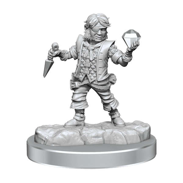 Halfling Rogue Male Miniature posed for stealth in D&D gameplay