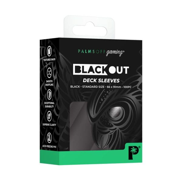 Array of Palms Off Gaming Blackout Deck Sleeves in various colors, displayed for standard size cards