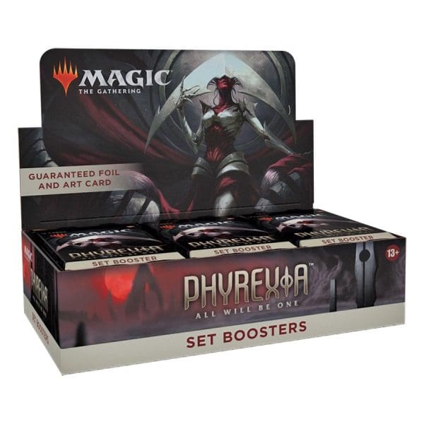 Magic: Phyrexia All Will Be One Booster pack and sample cards displayed