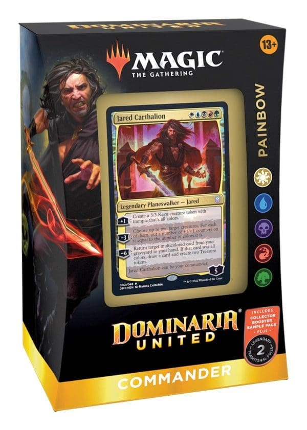 Display of Magic: The Gathering Dominaria United Commander Decks with key cards highlighted