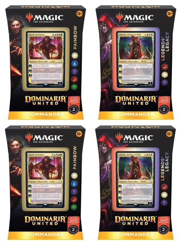 Display of Magic: The Gathering Dominaria United Commander Decks with key cards highlighted