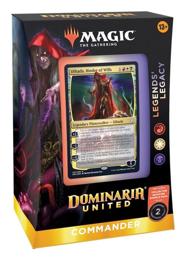 Display of Magic: The Gathering Dominaria United Commander Decks with key cards highlighted