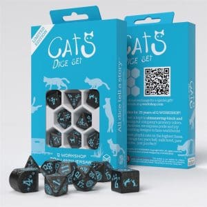 Q Workshop 20 Years Cats Dice Set with cat-themed engravings