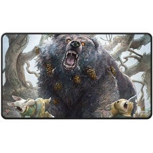 Bloomburrow Black Stitched Playmat featuring Lumra, Bellow of the Woods in detailed artwork