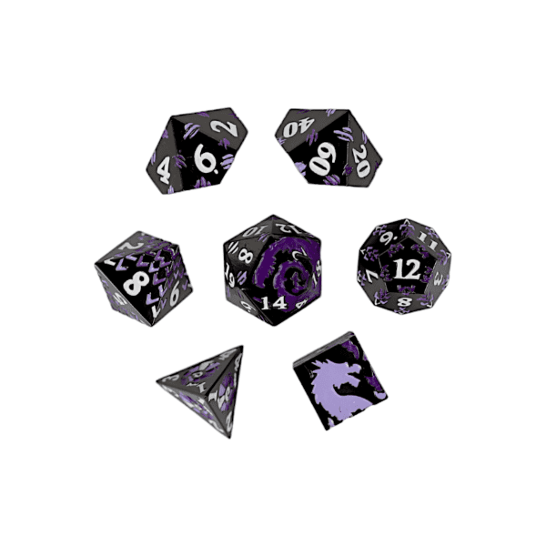 LPG Dice RPG Set Inscripted Dragon Purple with detailed dragon designs