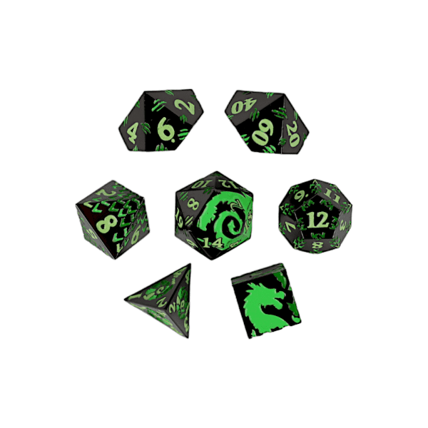 "LPG Dice RPG Set Inscripted Dragon Green with dragon engravings"