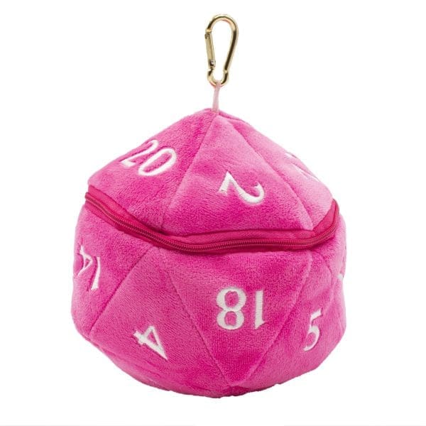 Ultra Pro D20 Plush Dice Bag in vibrant hot pink for tabletop gaming.